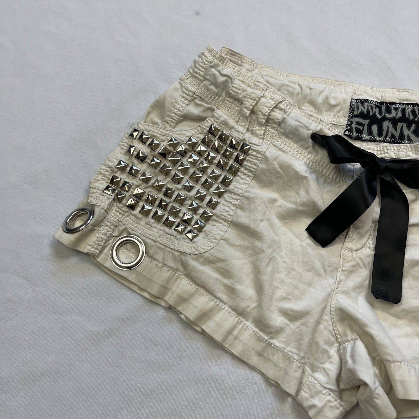 Upcycled cream studded mini shorts (32”)