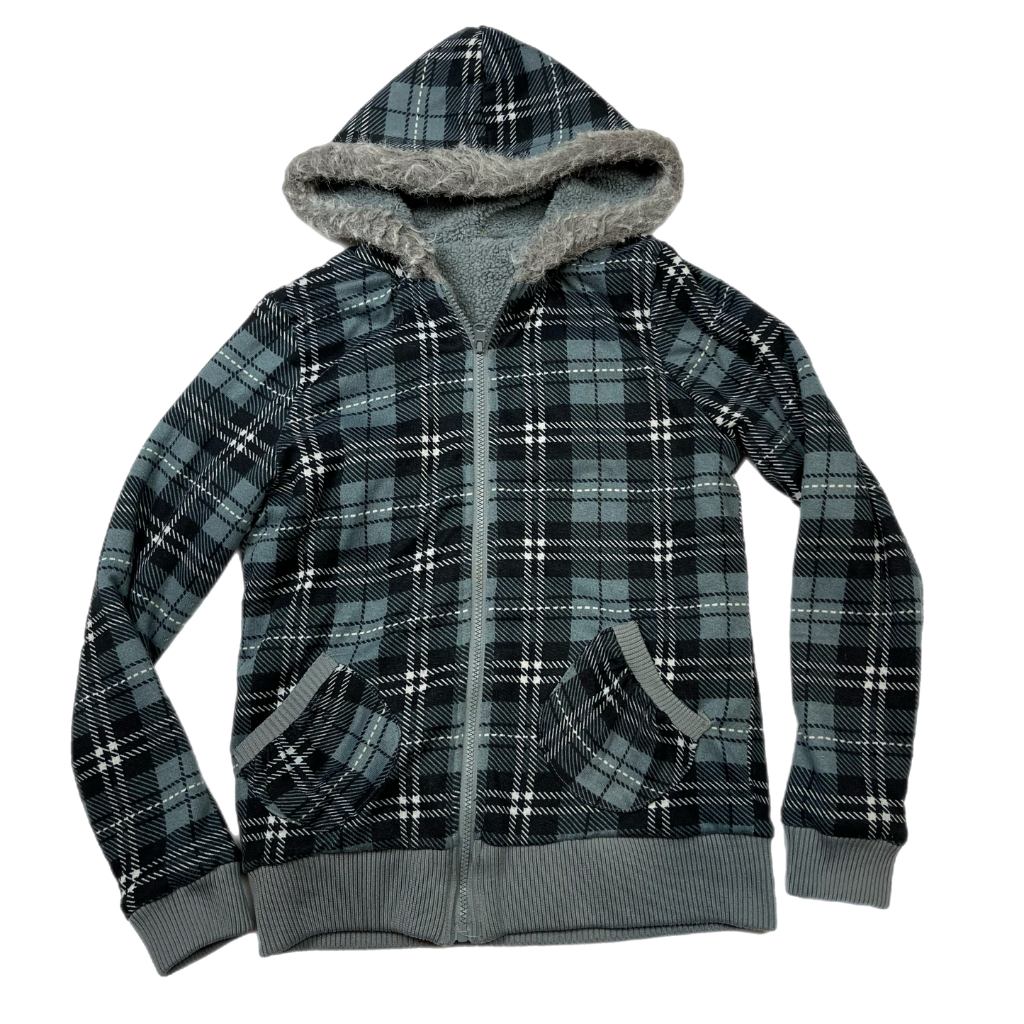 Emo plaid faux fur hoodie (M)