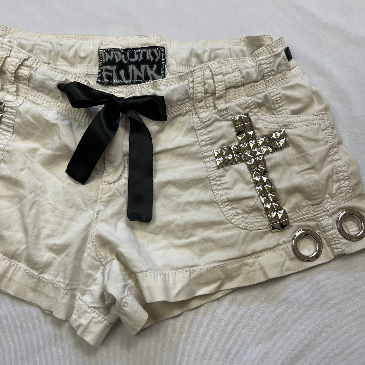 Upcycled cream studded mini shorts (32”)