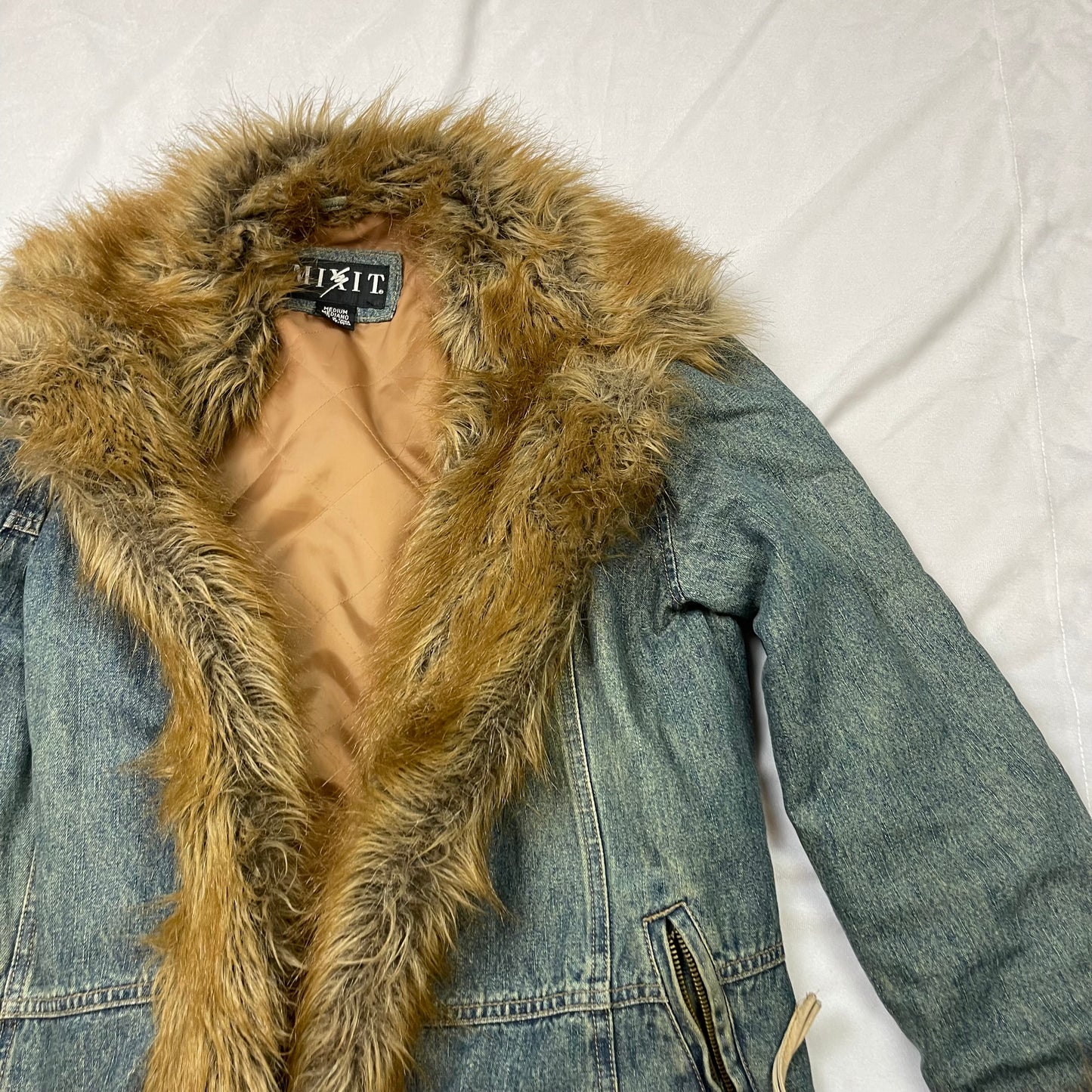 Y2K denim faux fur afghan coat (M)