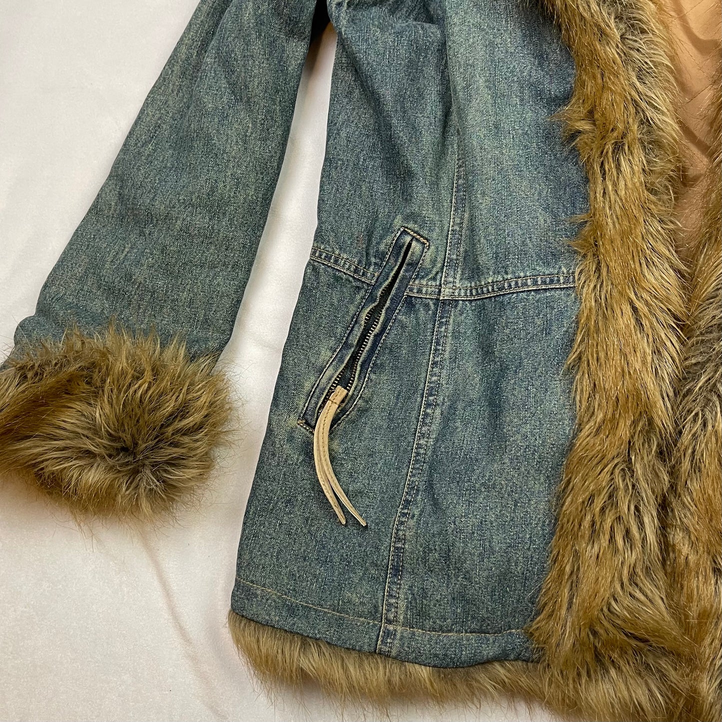 Y2K denim faux fur afghan coat (M)