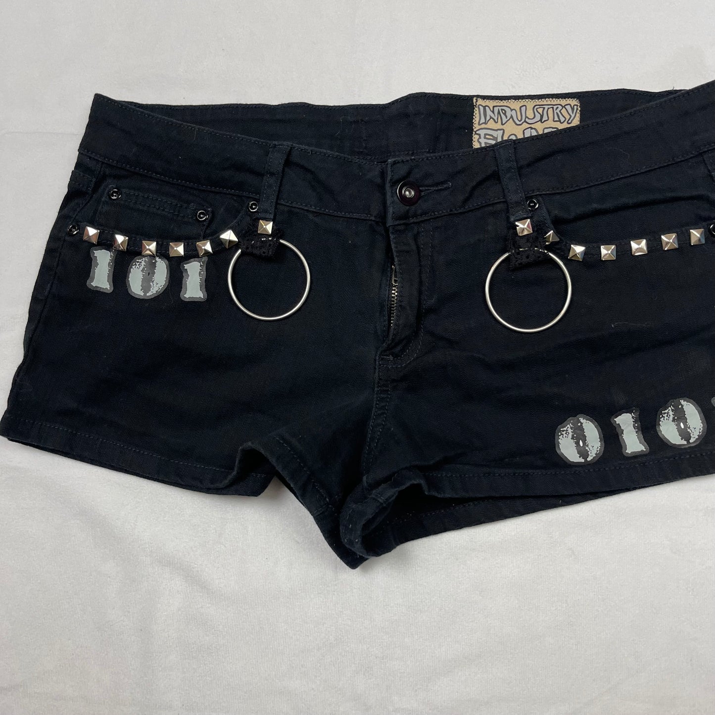 Emo upcycled binary mini shorts (34”)