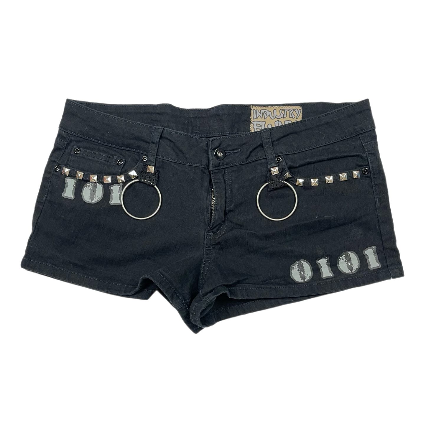 Emo upcycled binary mini shorts (34”)