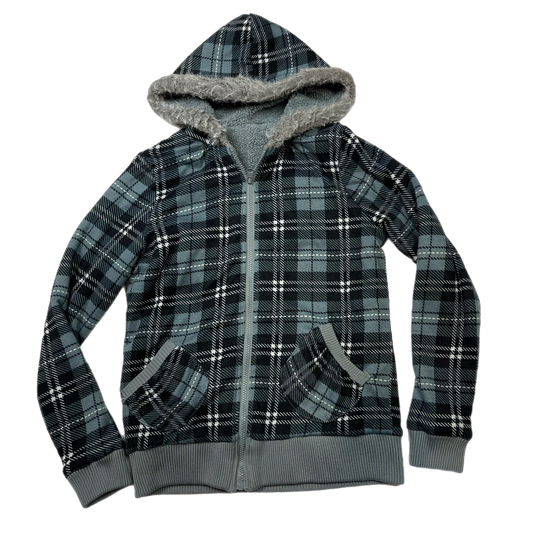 Emo plaid faux fur hoodie (M)