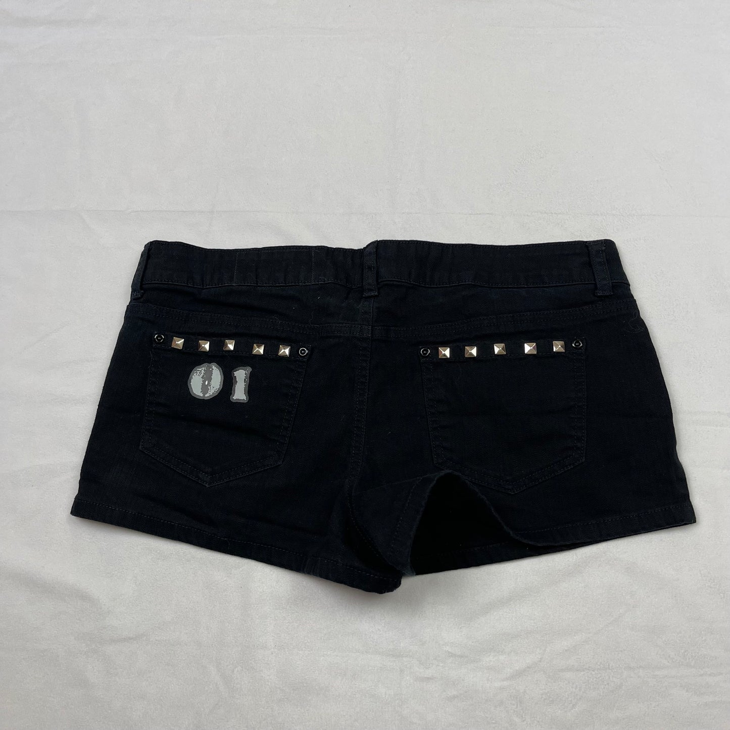 Emo upcycled binary mini shorts (34”)