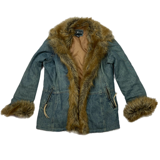 Y2K denim faux fur afghan coat (M)