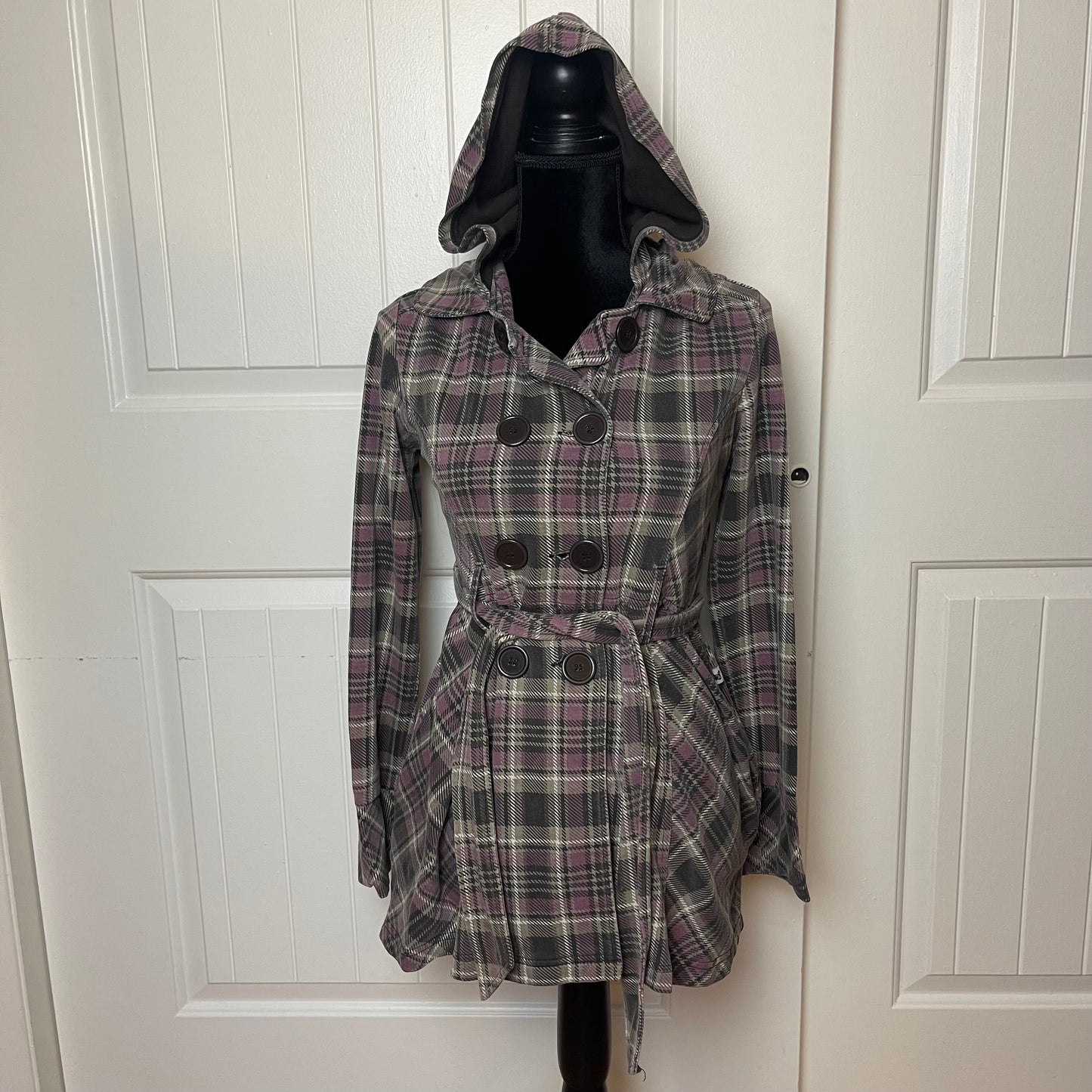 Emo plaid hooded pea coat (M)